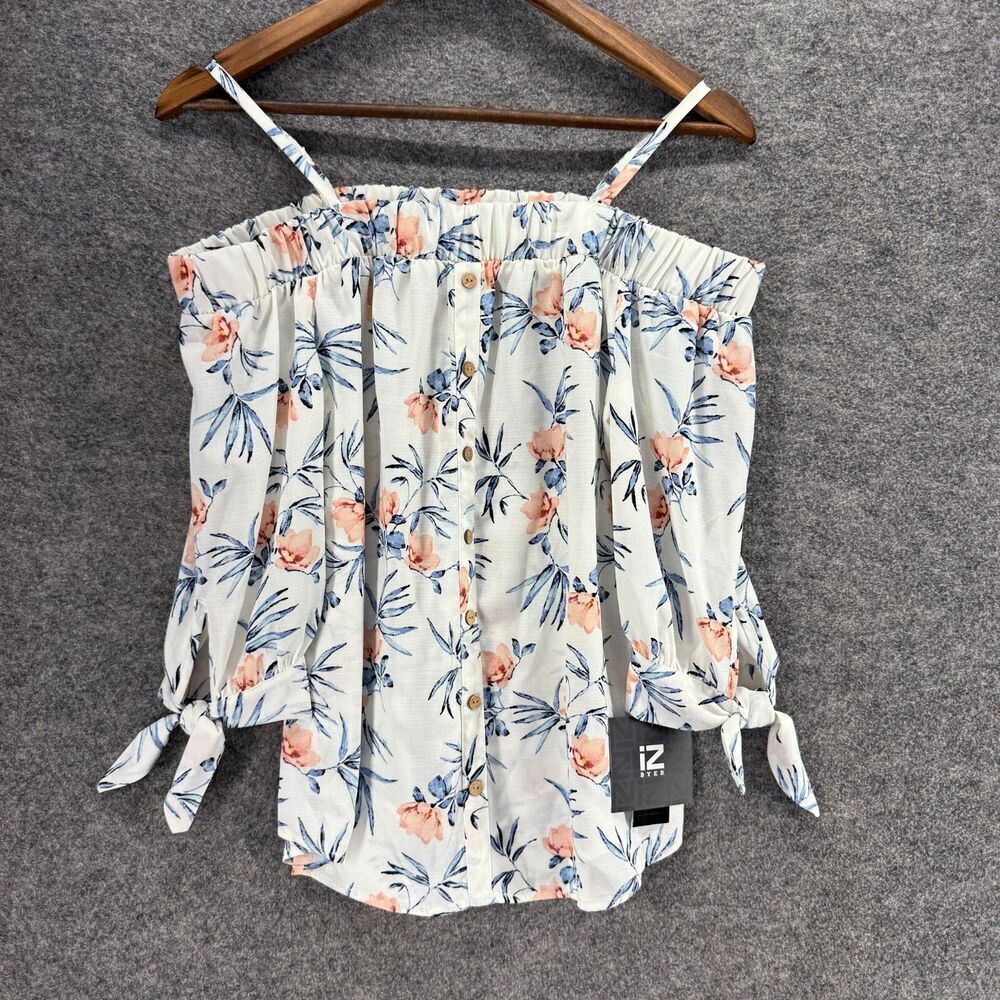 New IZ Byer Blouse Women XS White Floral Cold Shoulder Long Sleeve Square Neck